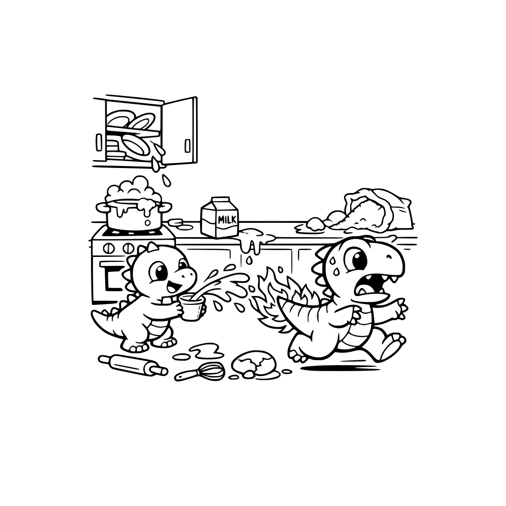 cute dinosaurs causing havoc in a kitchen, including one running with a tail on fire and another one trying to douse it with a small cup of water