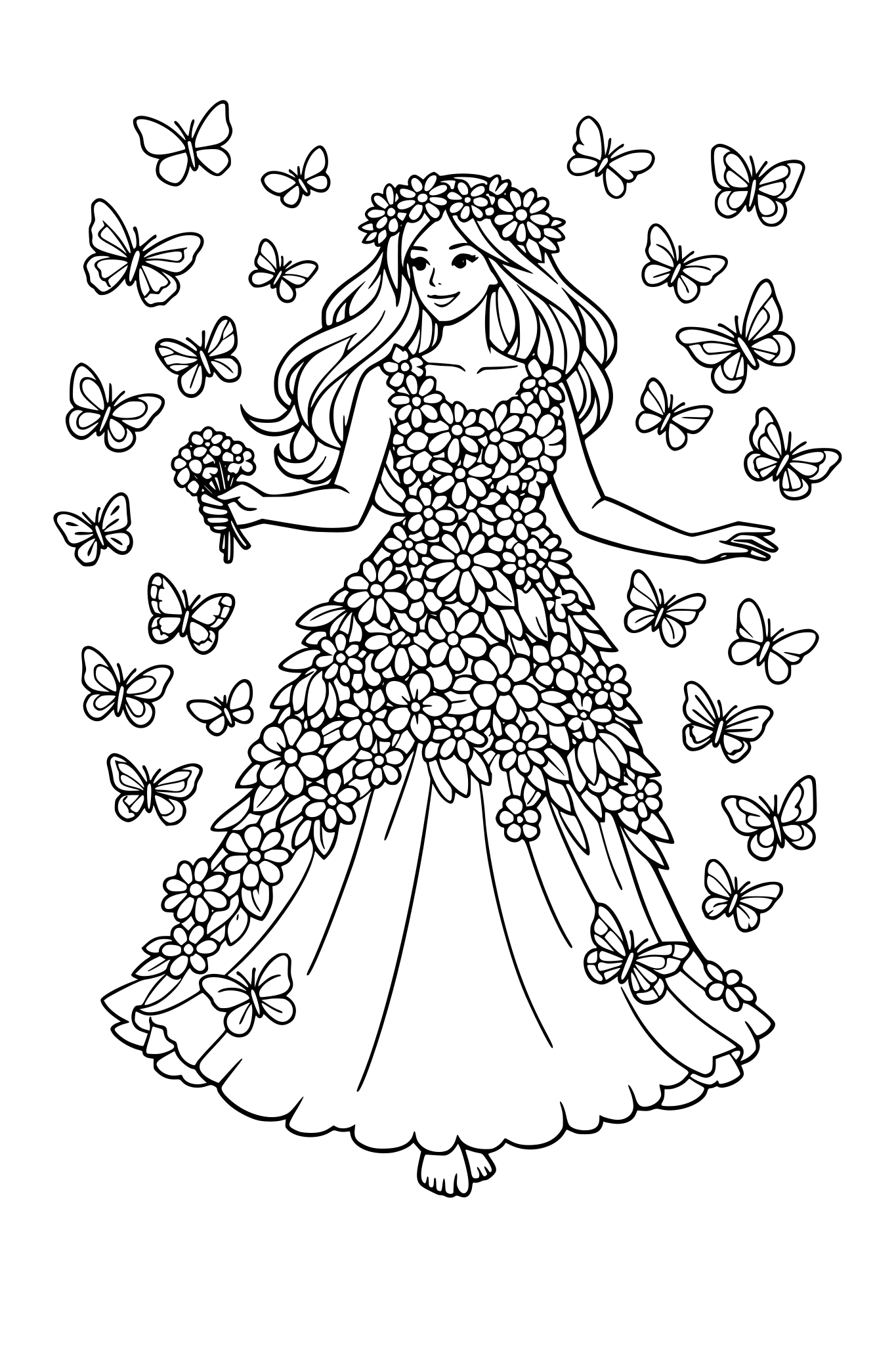 stwórz panią wiosnę, która ma sukienkę z kwiatów a obok niej lata dużo motyli