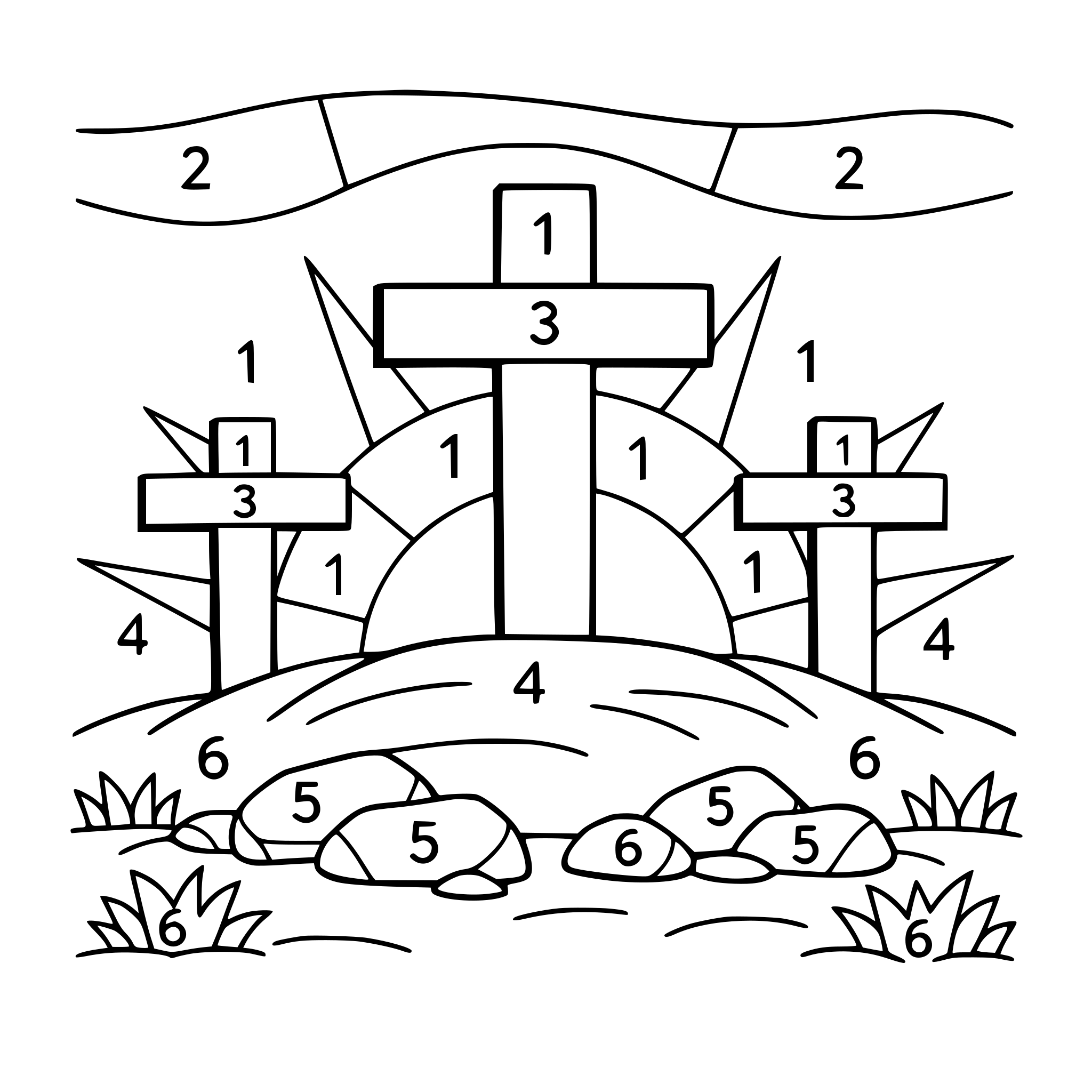 make a color by number page with a three crosses on a hill, the middle cross the biggest, a sun setting, grass and rocks