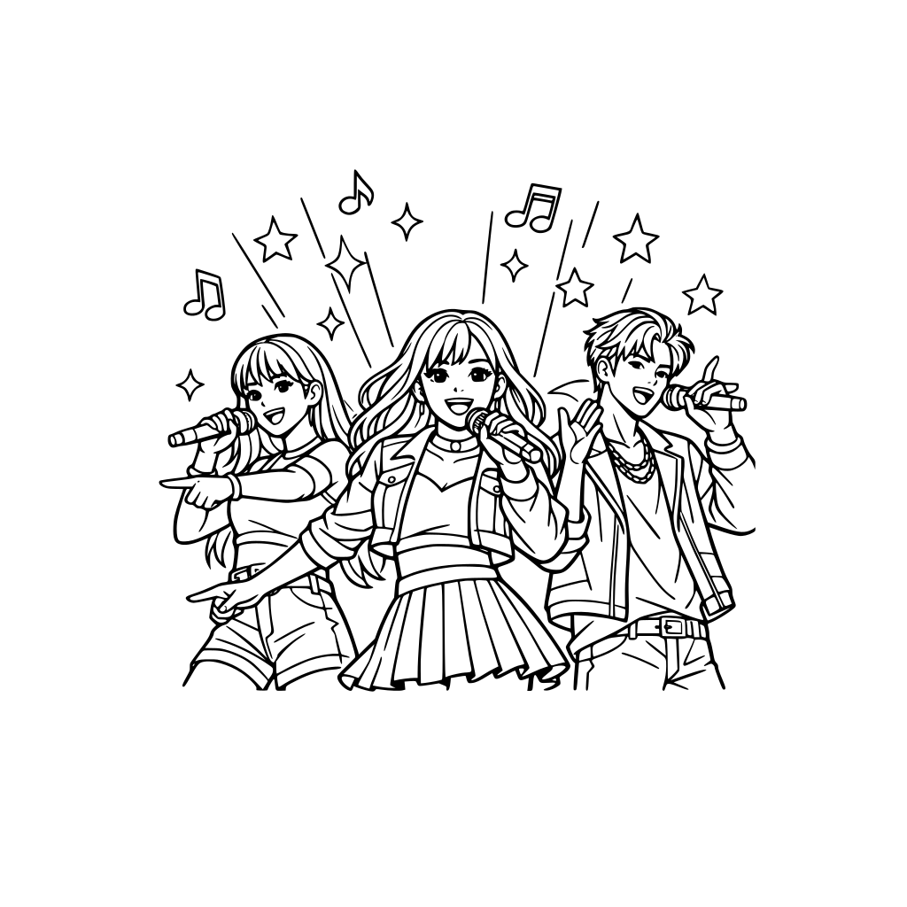 3 k-pop singers performing at a concert with lights, stars, and music notes in the background.