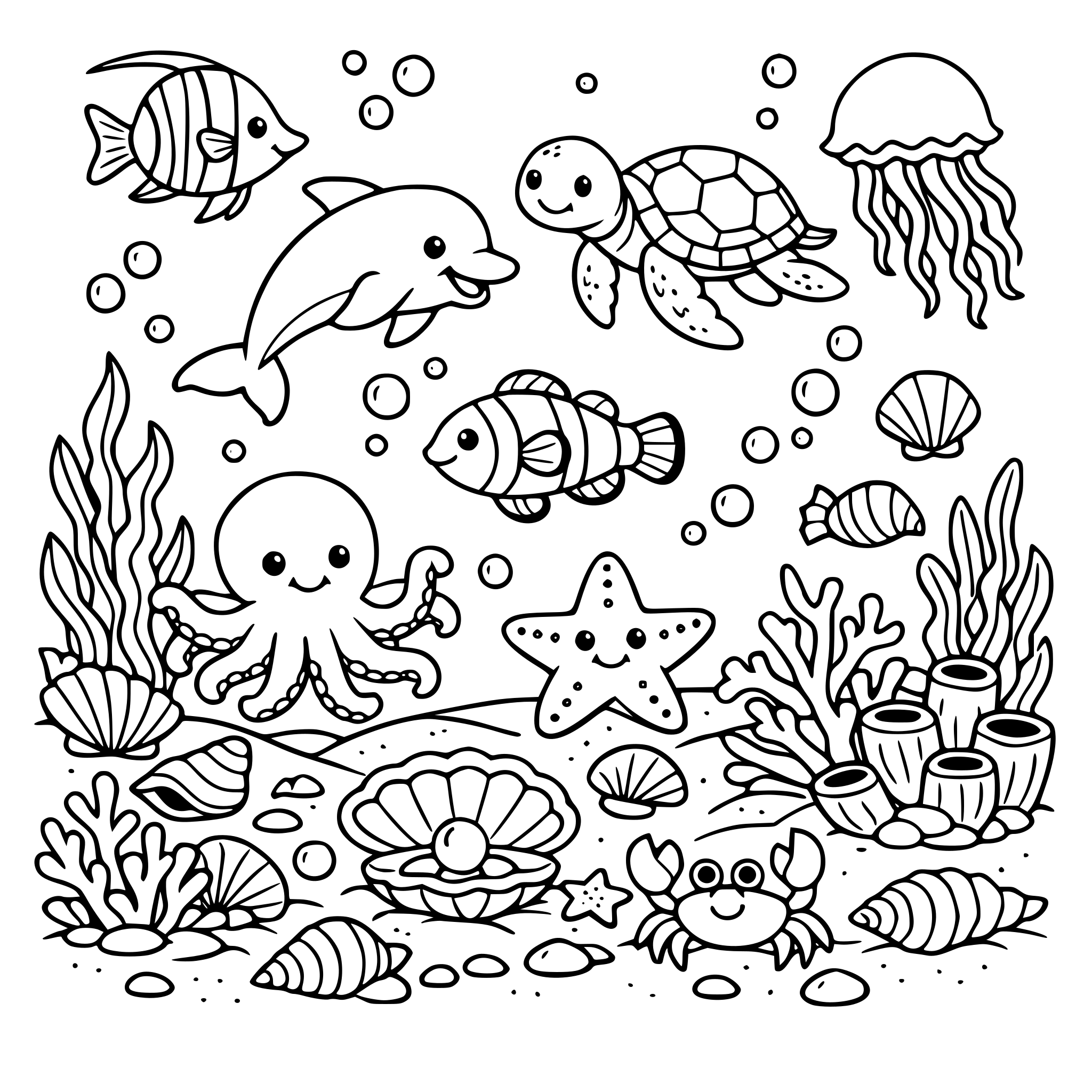 underwater ocean scene with sea creatures, coral reefs,ans seaweed .include other marine elements like shells or bubbles