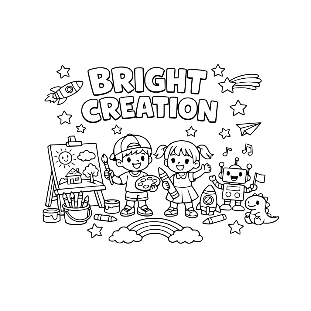 buatkan saya lembar untuk lomba mewarnai anak TK dengan tema "BRIGHT CREATION" untuk ukuran F4 landscape.