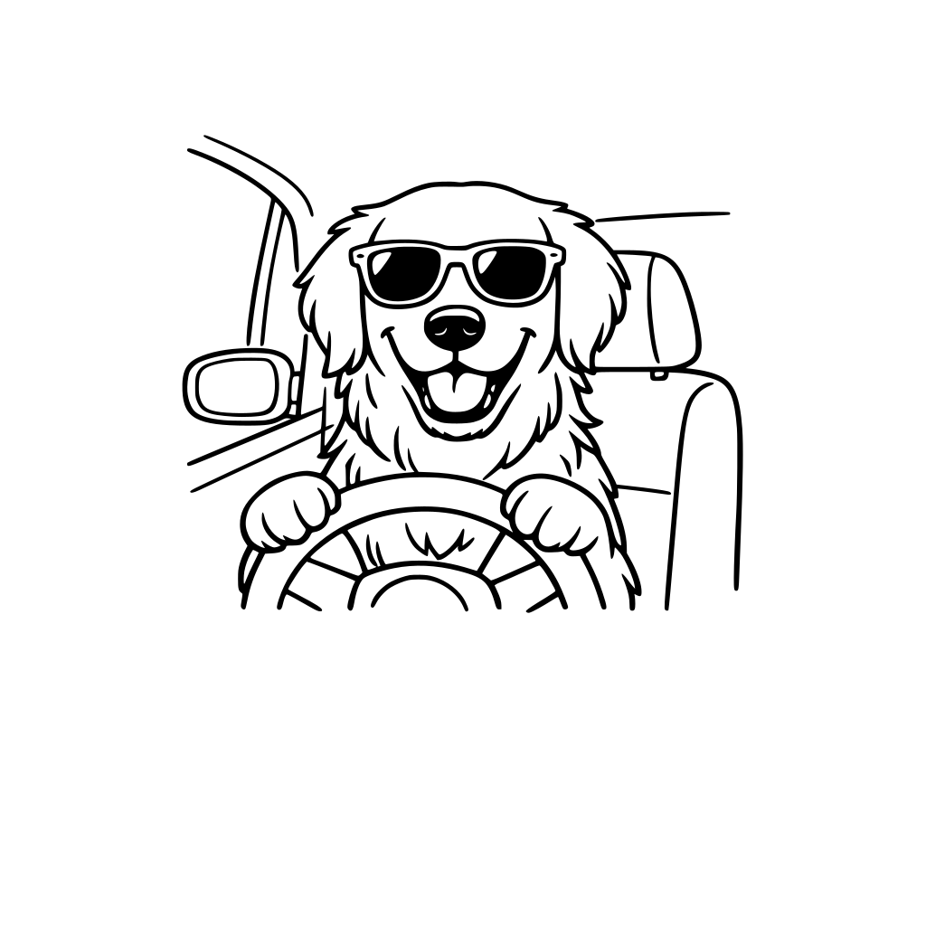 a golden retriever dog driving a car with sun glasses on