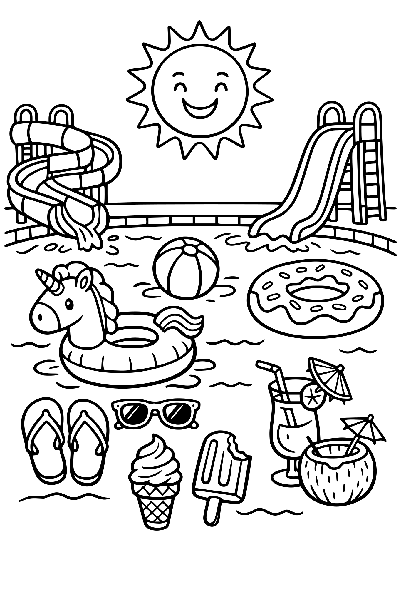 sun, swimming pool, pool inflatables, fun, vacation, icecream, drinks, slides, flipflops, sunglasses,