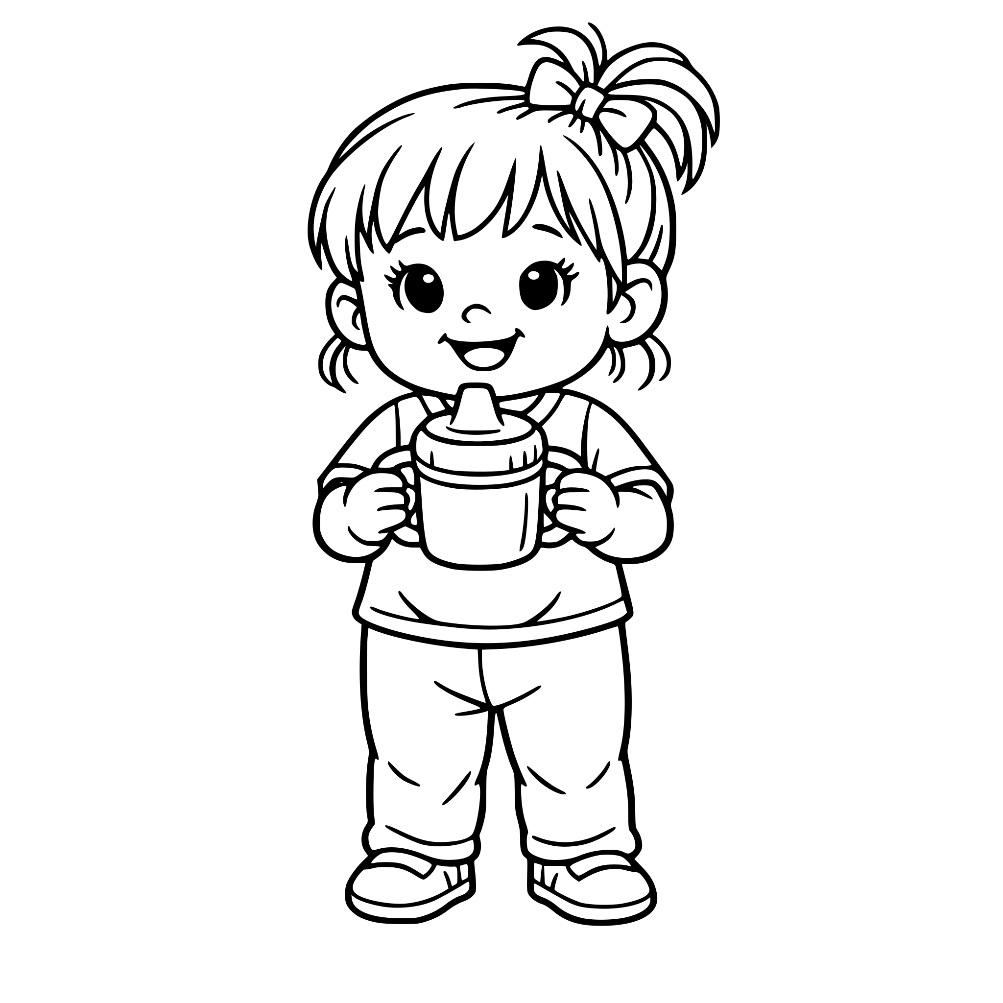 Create an image of a real toddler girl holding a baby drinking cup with a handle and sippy cover. White background, isolated.