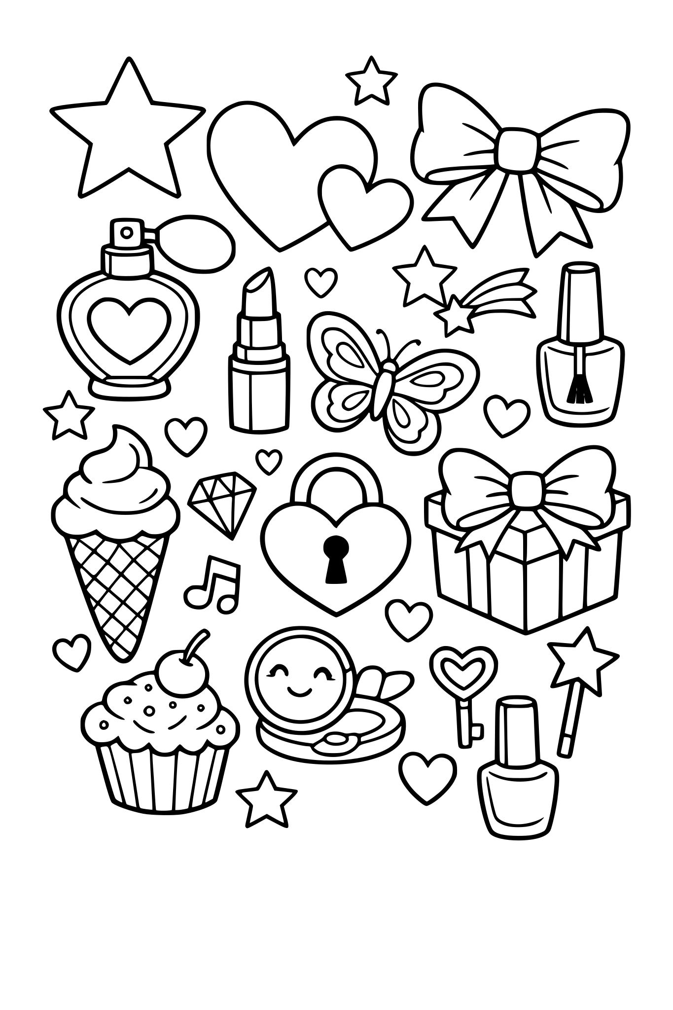 full page with large icons of hearts, stars, bows, girly things