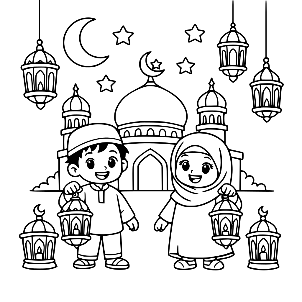 تلوين رمضان أطفال فوانيس مساجد