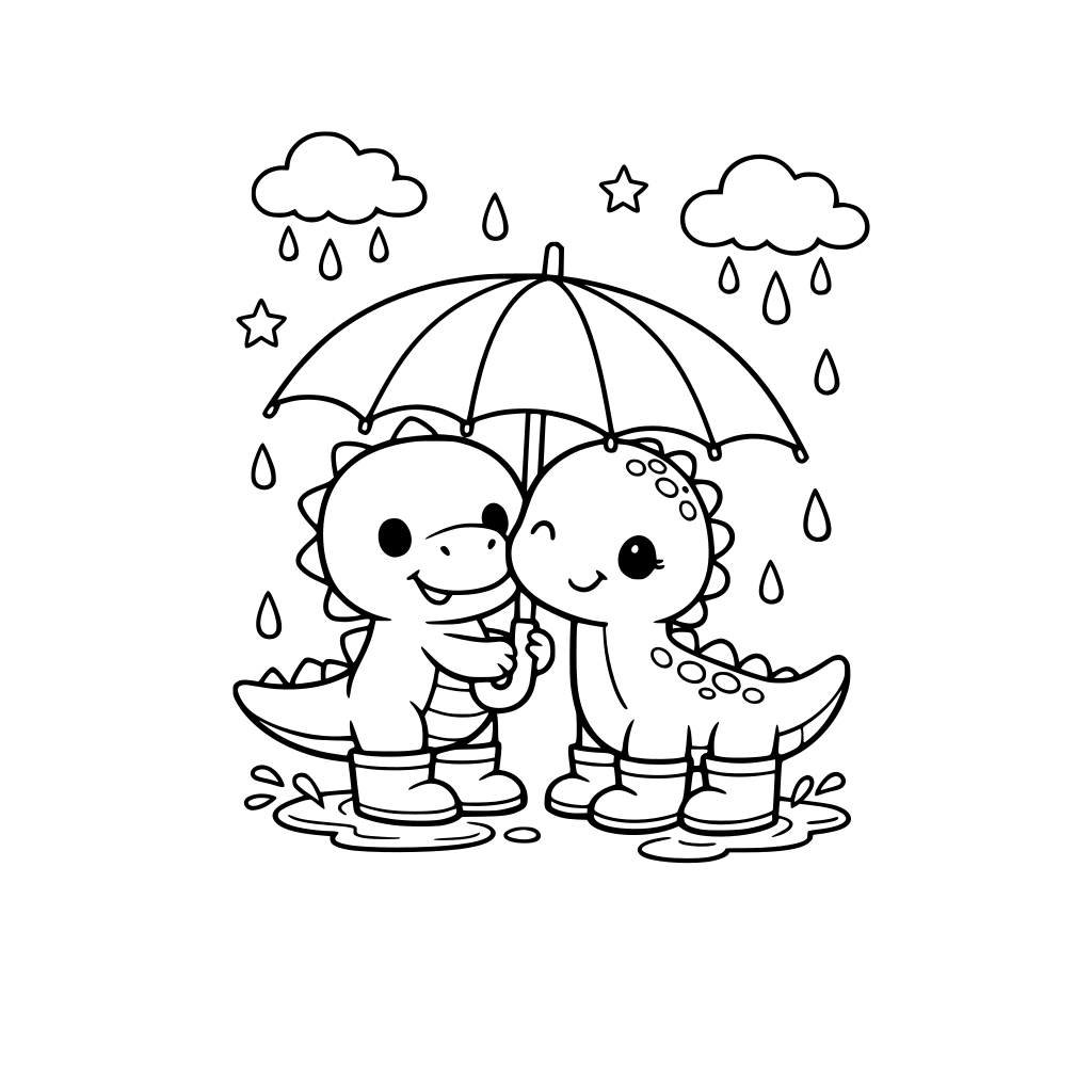 cute dinosaurs wearing rain boots and sharing an umbrella.