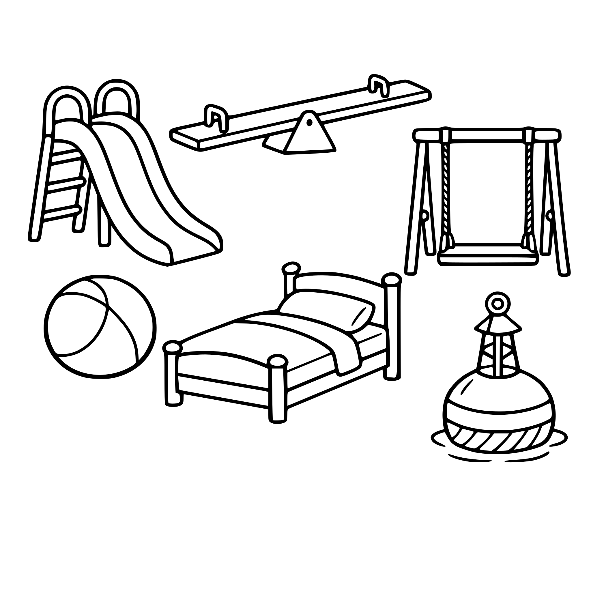 a slide, a seasaw, a bed, a ball, a swing, a buoy