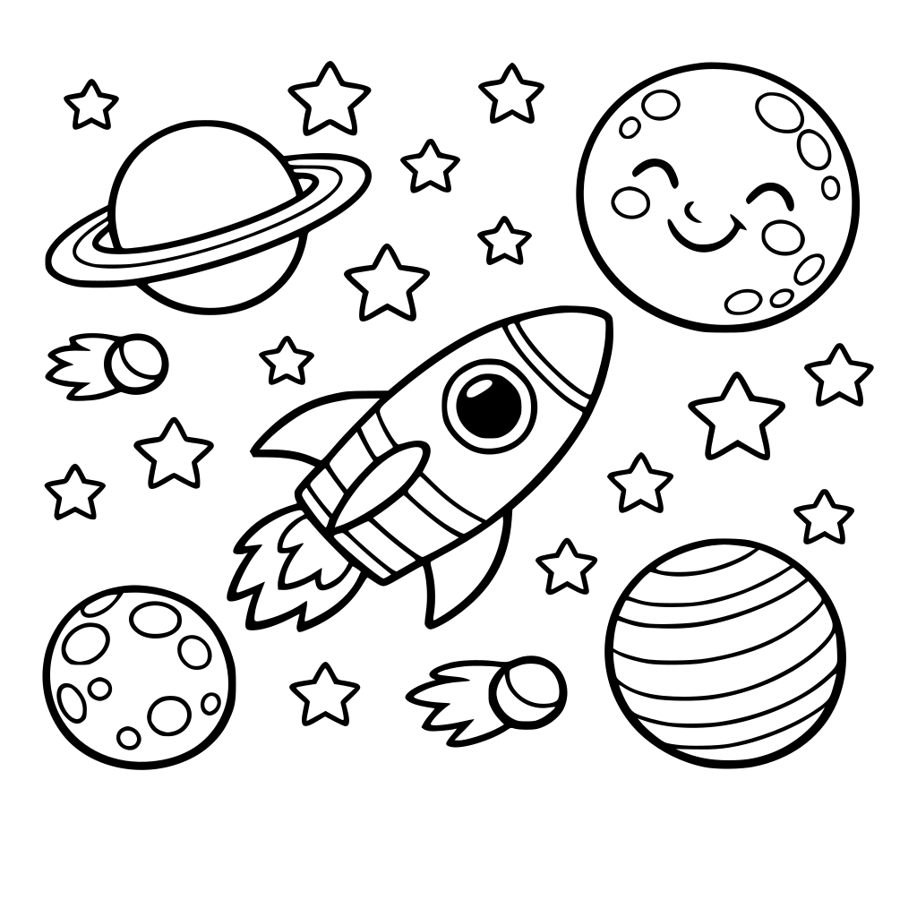 Rocket flying past planets, stars, and a smiling moon.