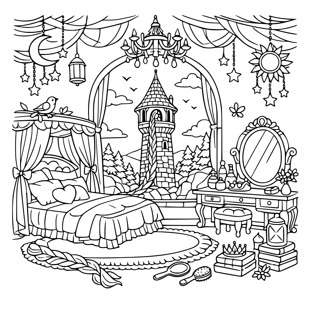 A Rapunzel high tower in an ancient forest selfie aesthetic fantasy master bedroom for girls & women