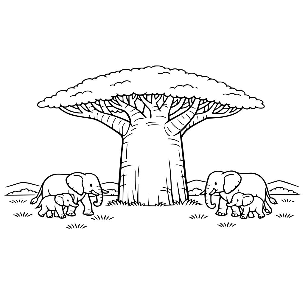 “Create a clean, black-and-white illustration for children. There is one large baobab tree in the center of a grassy plain, surrounded by a small group of gentle elephants walking nearby.