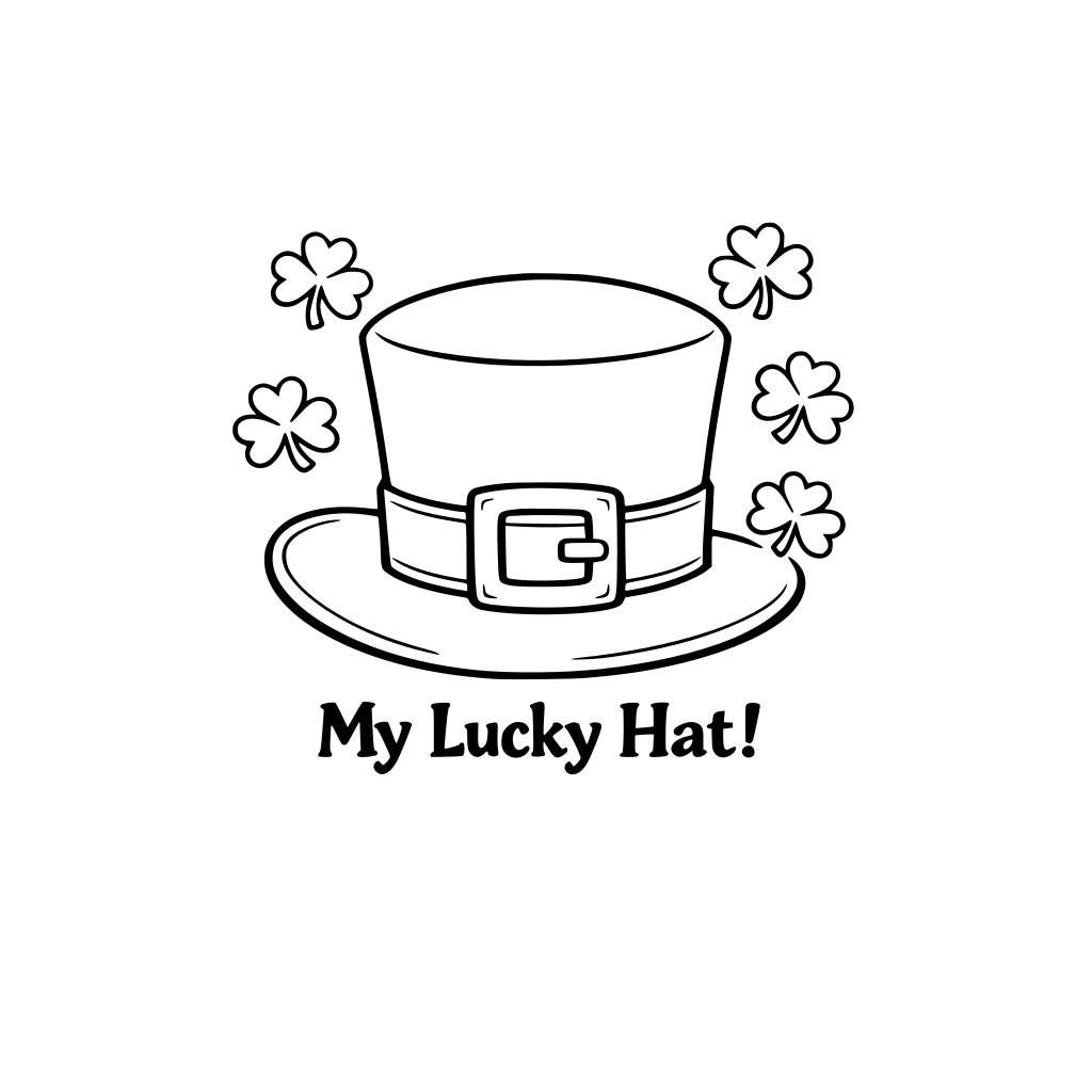 • Large centered hat • Big buckle rectangle • 4–6 small shamrocks around • Optional dotted line border Text: “My Lucky Hat!”