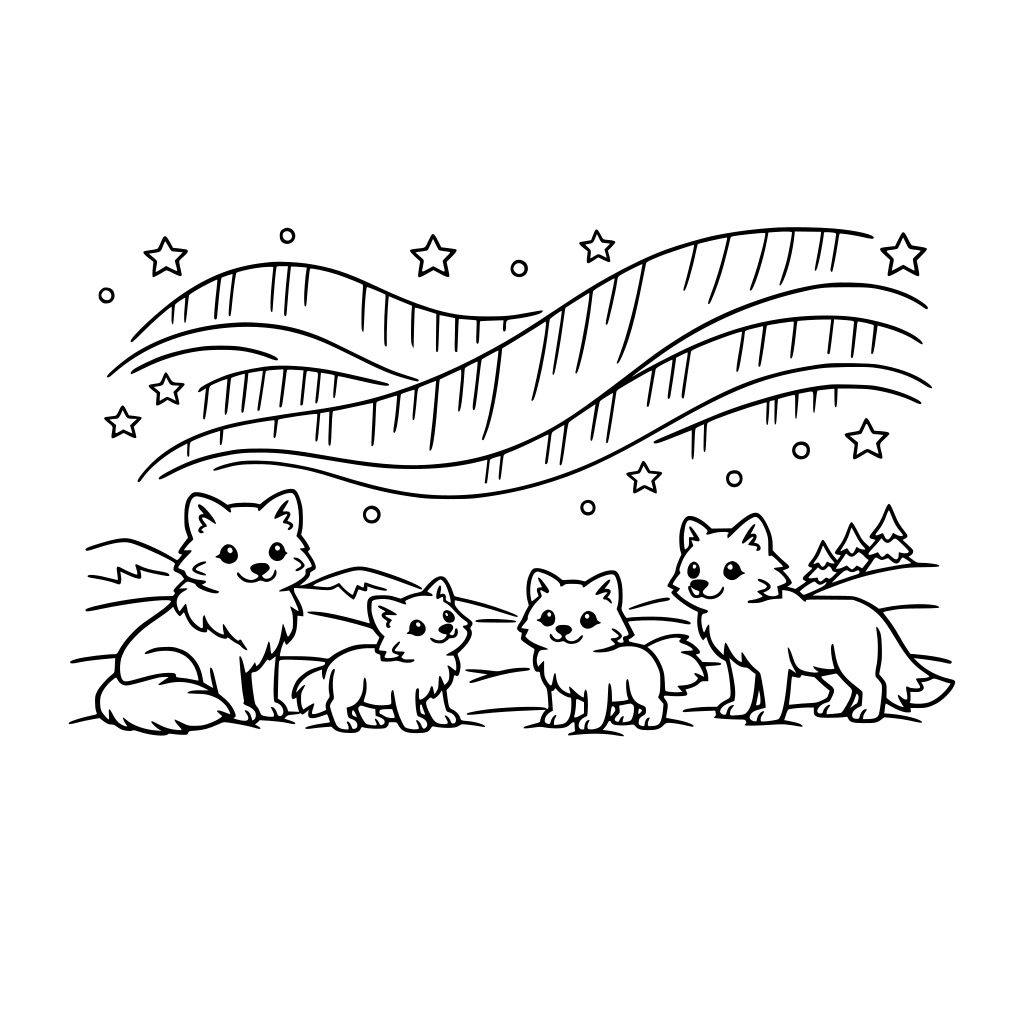 “Create a clean, black-and-white style illustration for children. The center image should be sweeping northern lights across the sky above a snowy plain, with a small group of fluffy arctic foxes standing below.