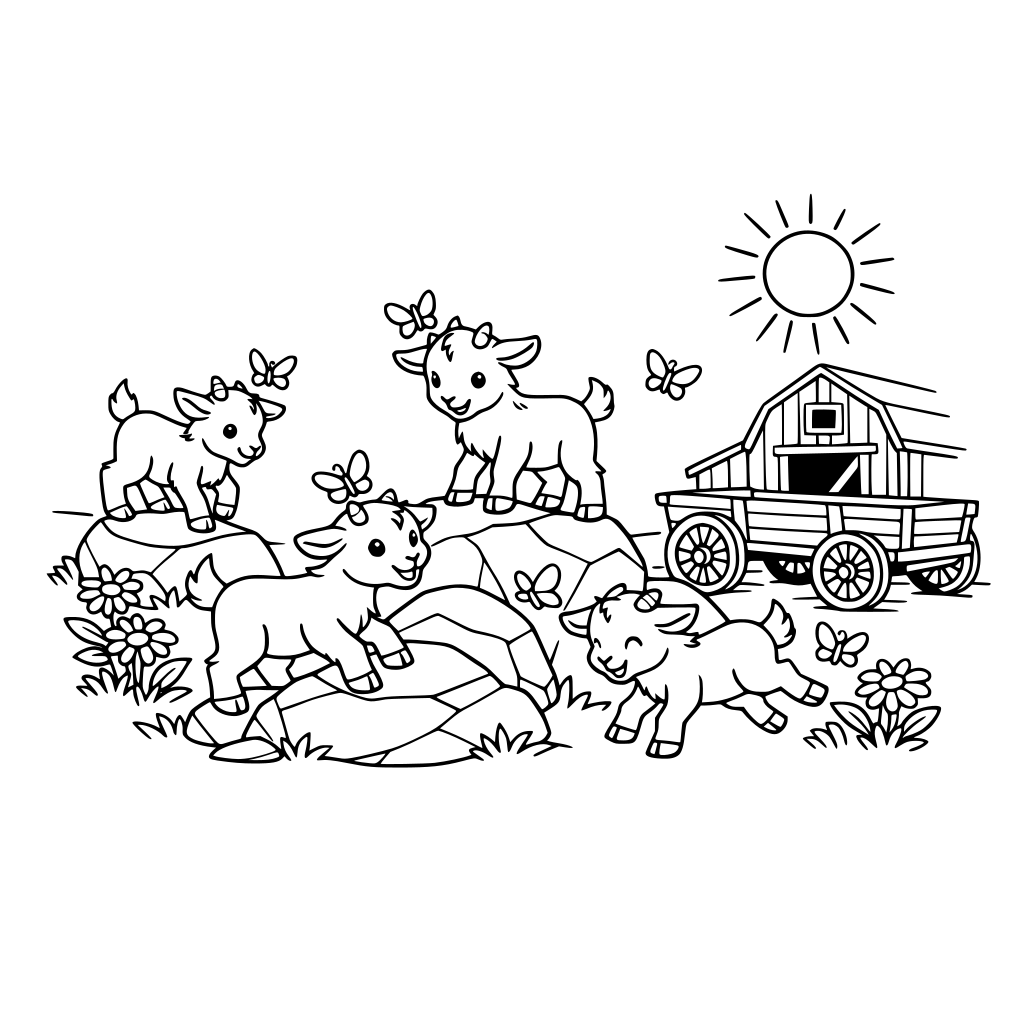 small billy goats paying on rocks and a wagon outside the barn on the farm. There are flowers and a right sun. Butterflies are perching on the goats and playfully around the scene