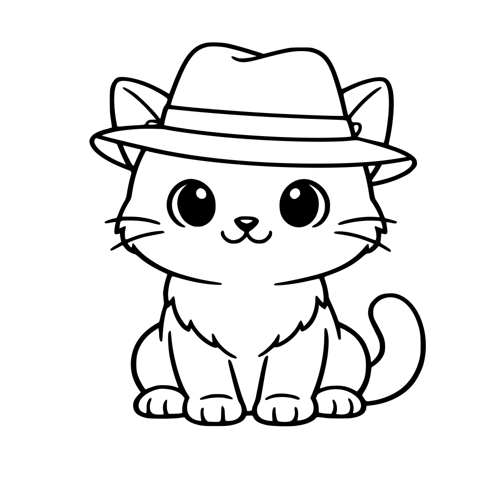 A cat wearing a hat . Line drawing