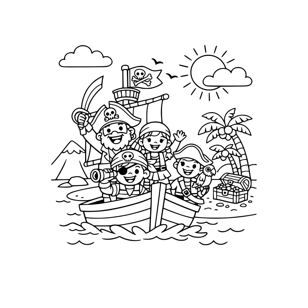 une équipe de pirates joyeux qui arrivent sur une ile en bateau, image pour une couverture de cahier de coloriage pour des enfants de 6 ans