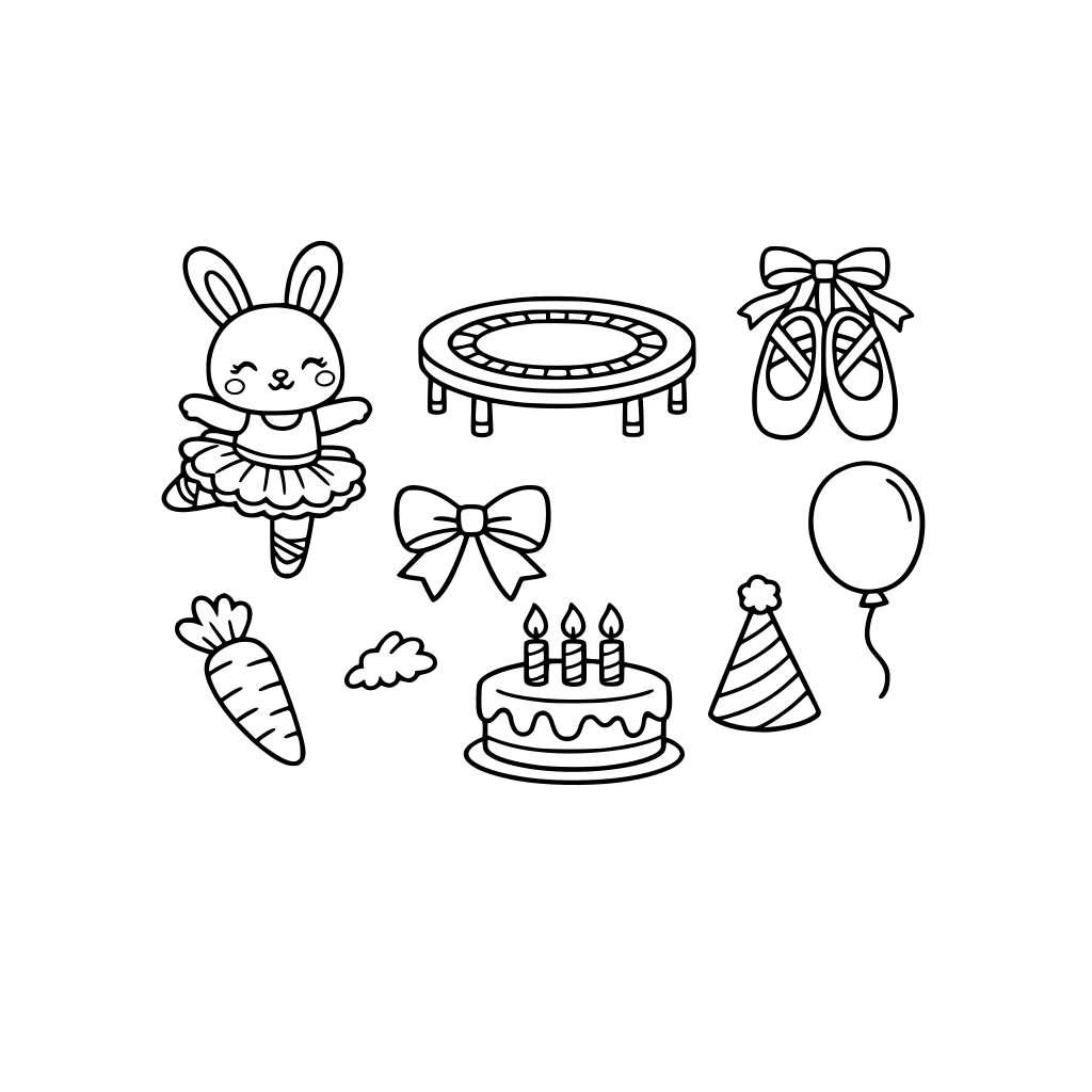 Sticker-style icons arranged on one page: bunny in tutu, trampoline, ballet slippers, bow, carrot, balloon, birthday cake with 3 candles, party hat