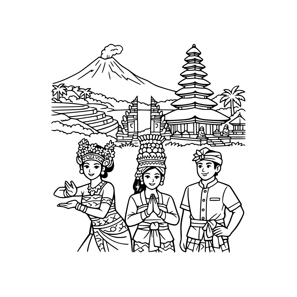 Balinese landscape with Balinese people wearing balinese outfit