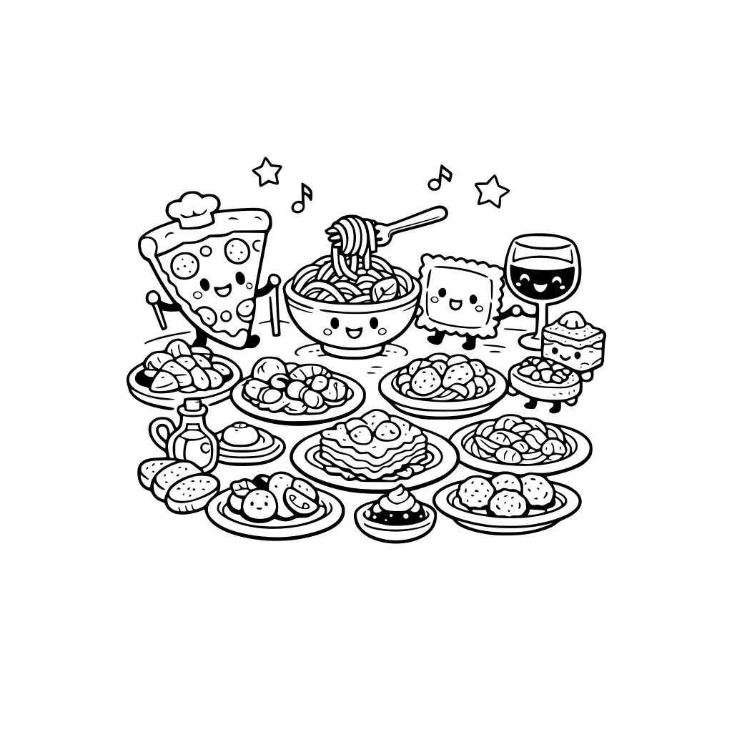 イタリア料理のキャラクターの冒険 とてもかわいい ゆるふわ 小さい 自然 幸せ 楽しい 遊ぶ ピザやパスタの種類豊富 コース料理全部みんなで仲良し