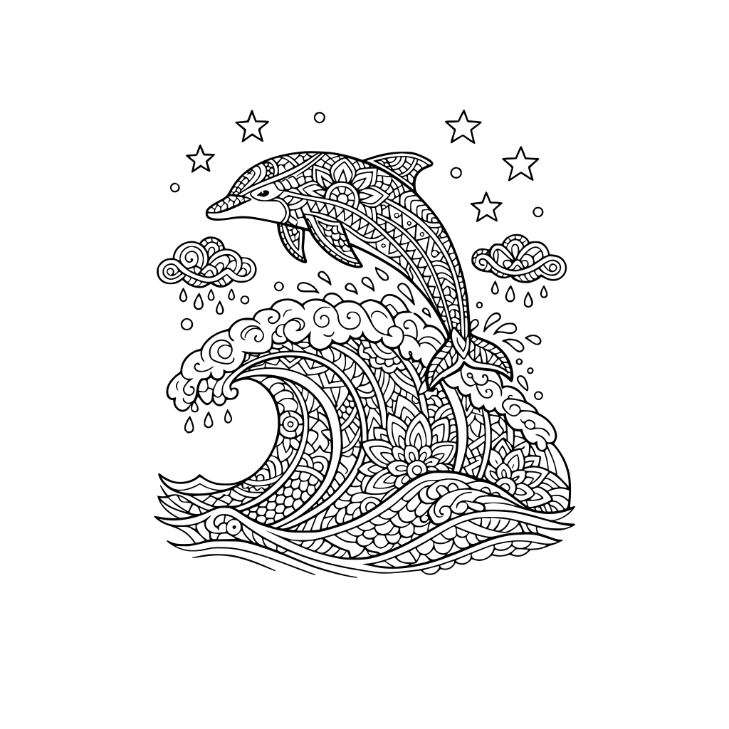 mandala patterns of a dolphin leaping out of a big wave.