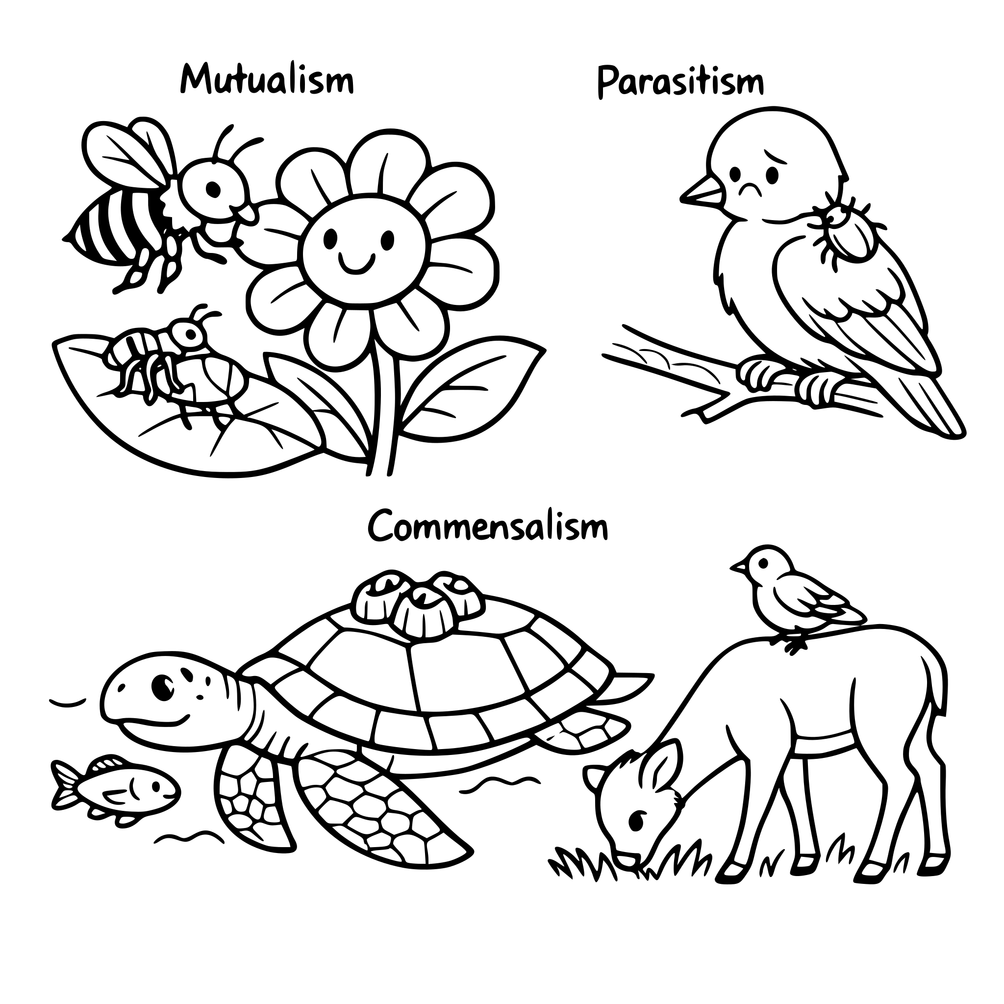 A scene depicting symbiosis including mutualism, parasitism,