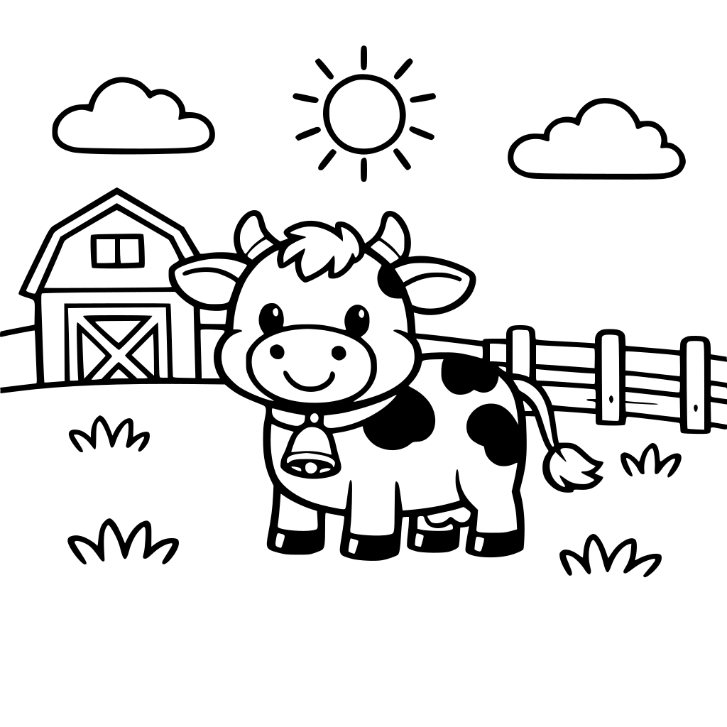 Cute cartoon cow standing in a farmyard with a barn and fence, simple thick black outlines, kid-friendly coloring page, no shading, no color, white background, clean line art, easy shapes