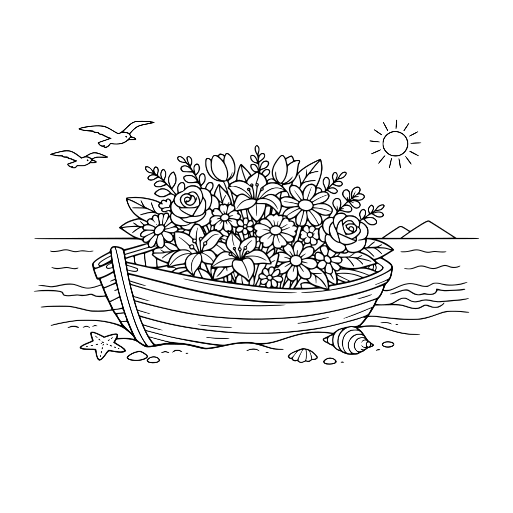 por favor dibuja un bouquet de flores, dentro de una barca que está varada en la playa