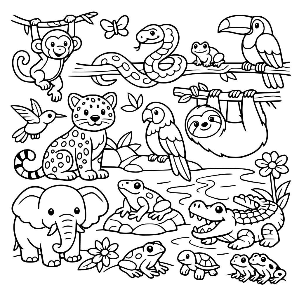 A rainforest filled with animals