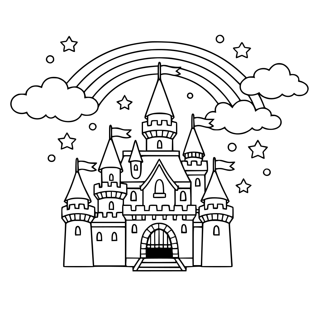 A fairy-tale castle with flags, clouds, and a rainbow above.