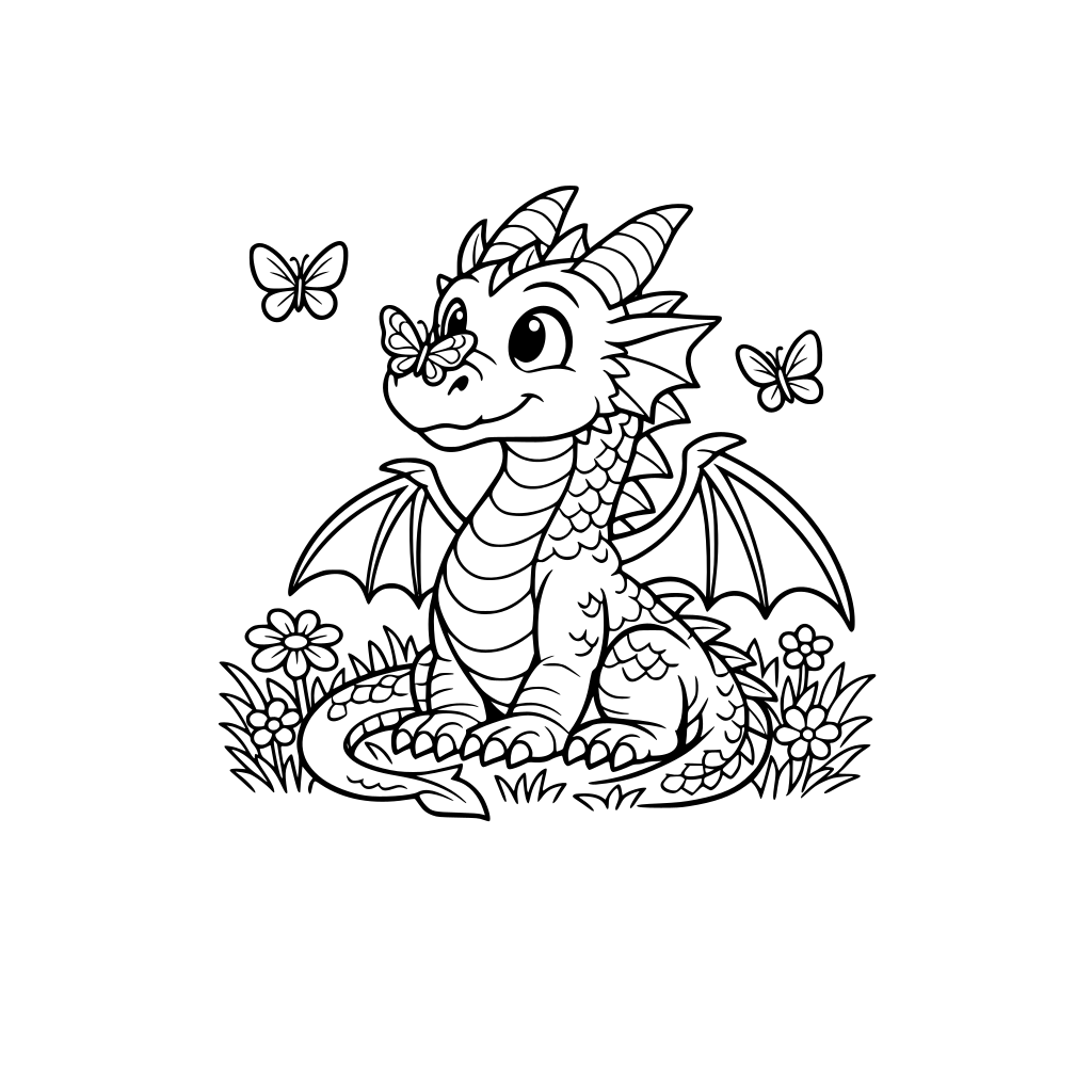 Un dragon dans une prairie qui regarde des papillons. L’un des papillons s’est déposé sur son nez.