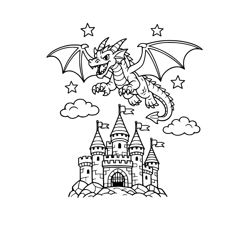 Dragon flying from a castle