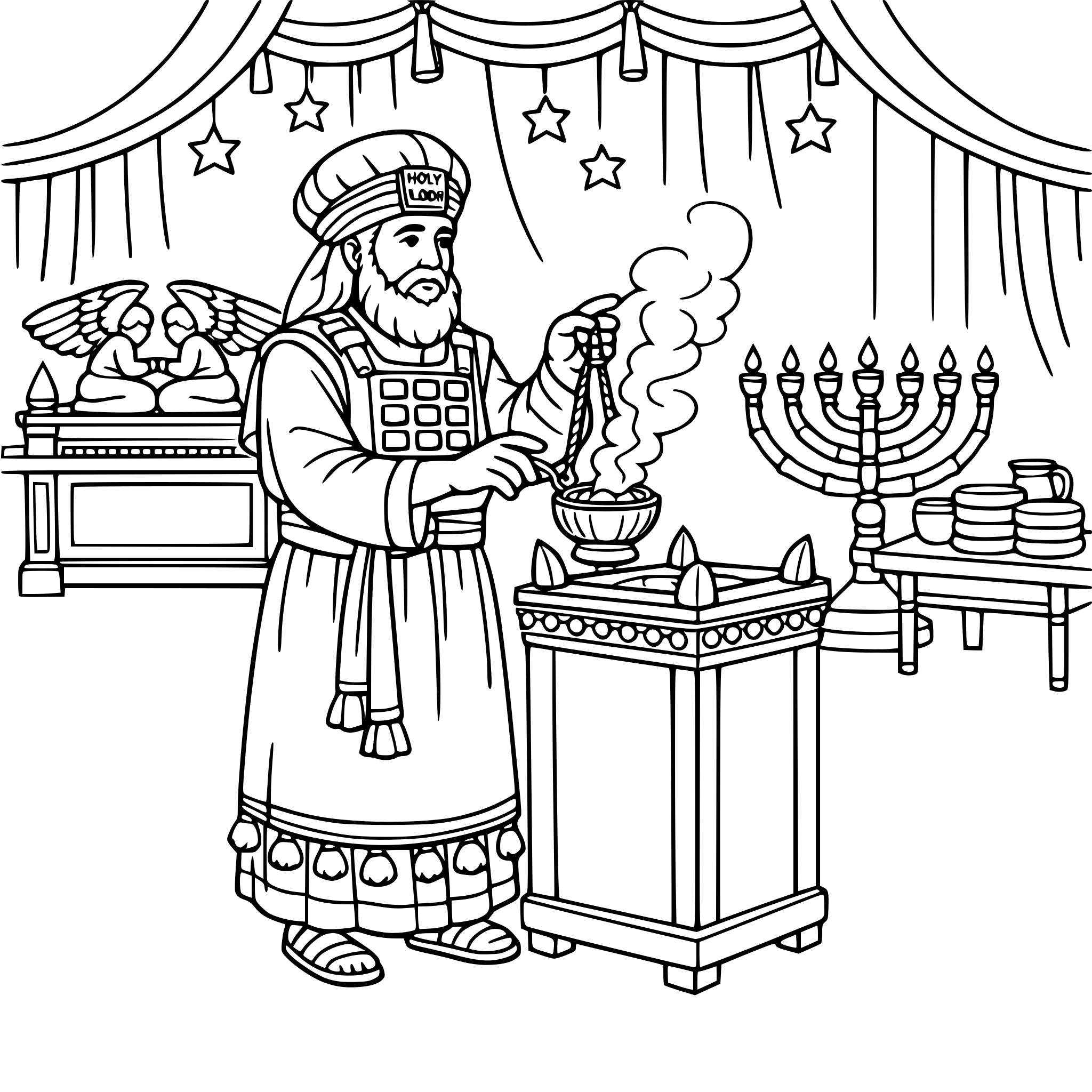 create a scene with Aaron the high priest serving in the tabernacle; include the details of the tent