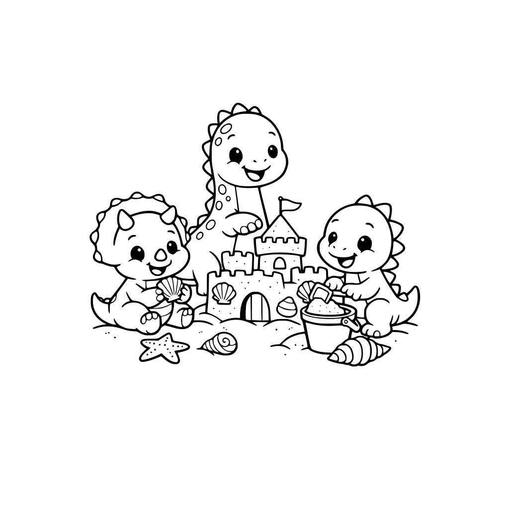 cute dinosaurs building a sandcastle with shells and a bucket