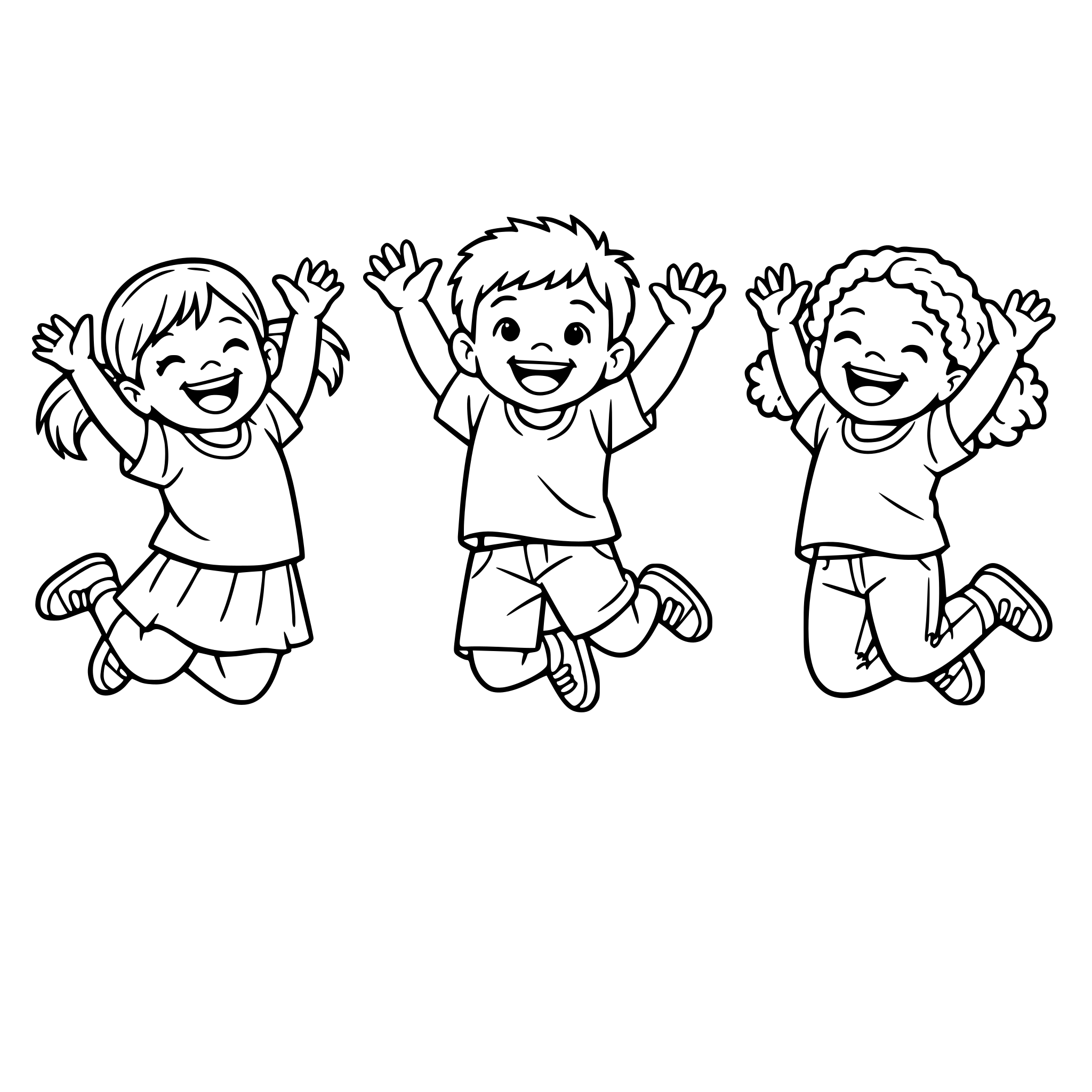 Three different realistic children jumping up and down. They are happy. White background, isolated.