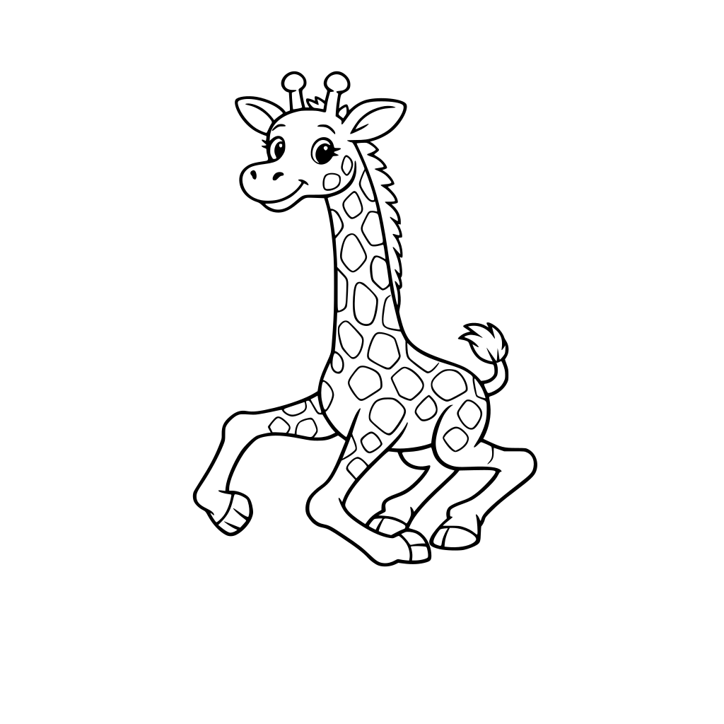 Giraffe with abnormally bent legs, thick black outlines, empty space for coloring, absurd cartoon style, child-friendly --ar 21:29.7 --v 5 --style lineart --no color --white background --high detail --child friendly