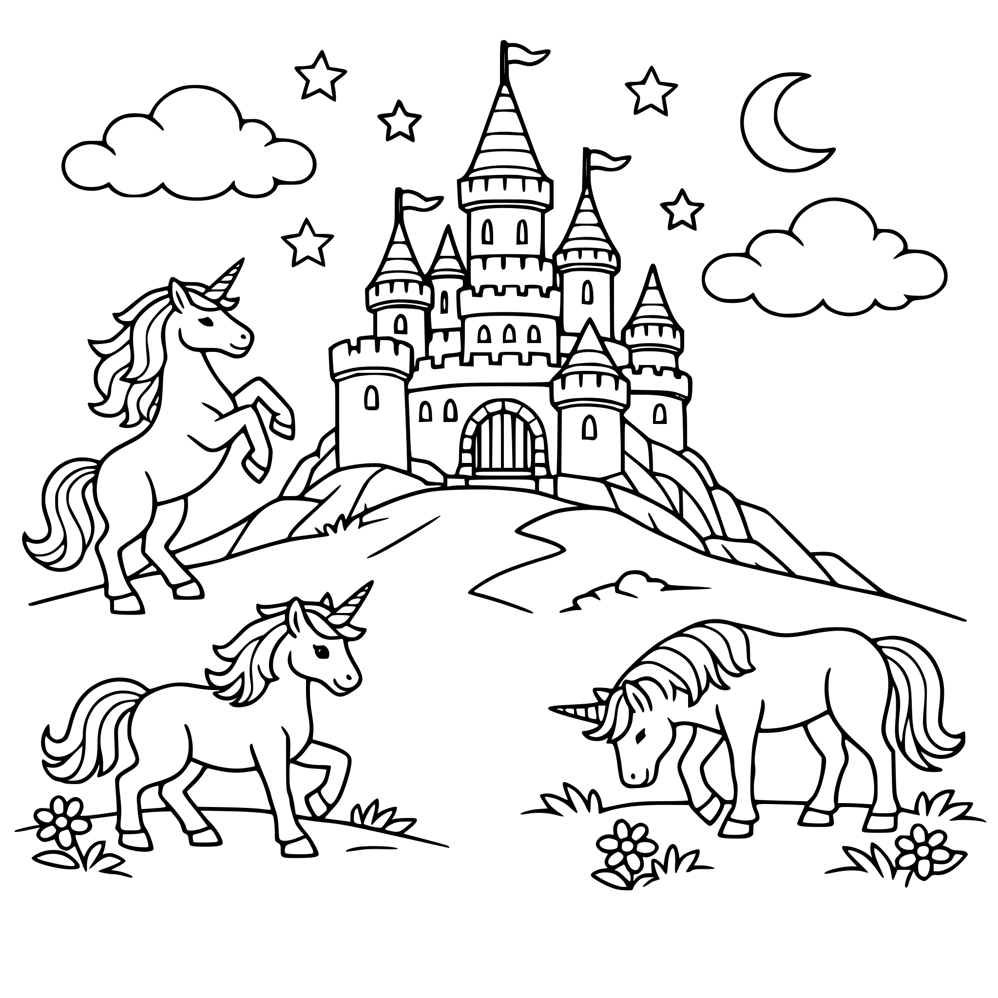 Un castillo en una colina con nubes y unicornios