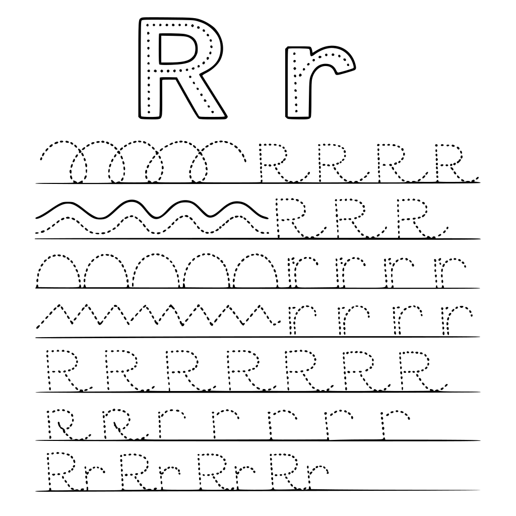 zrób całą listę ćwiczeń do litery R duże i r małe różne ślaczki wykropkowane dzięki którym nauczymy pisać się literkę R i r