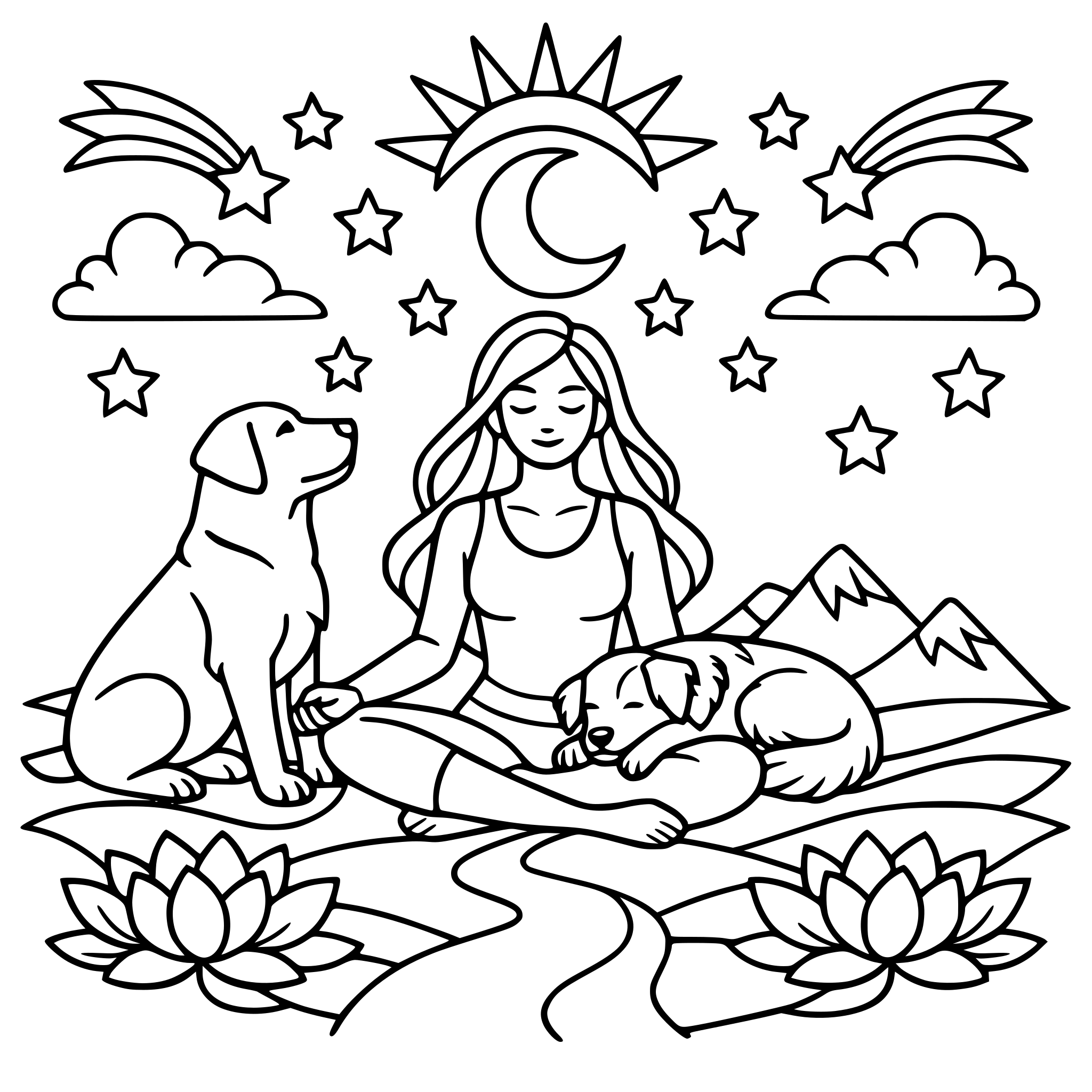 Create a dog lovers destiny dream, mindful, serenity, abstract shapes in black-and-white