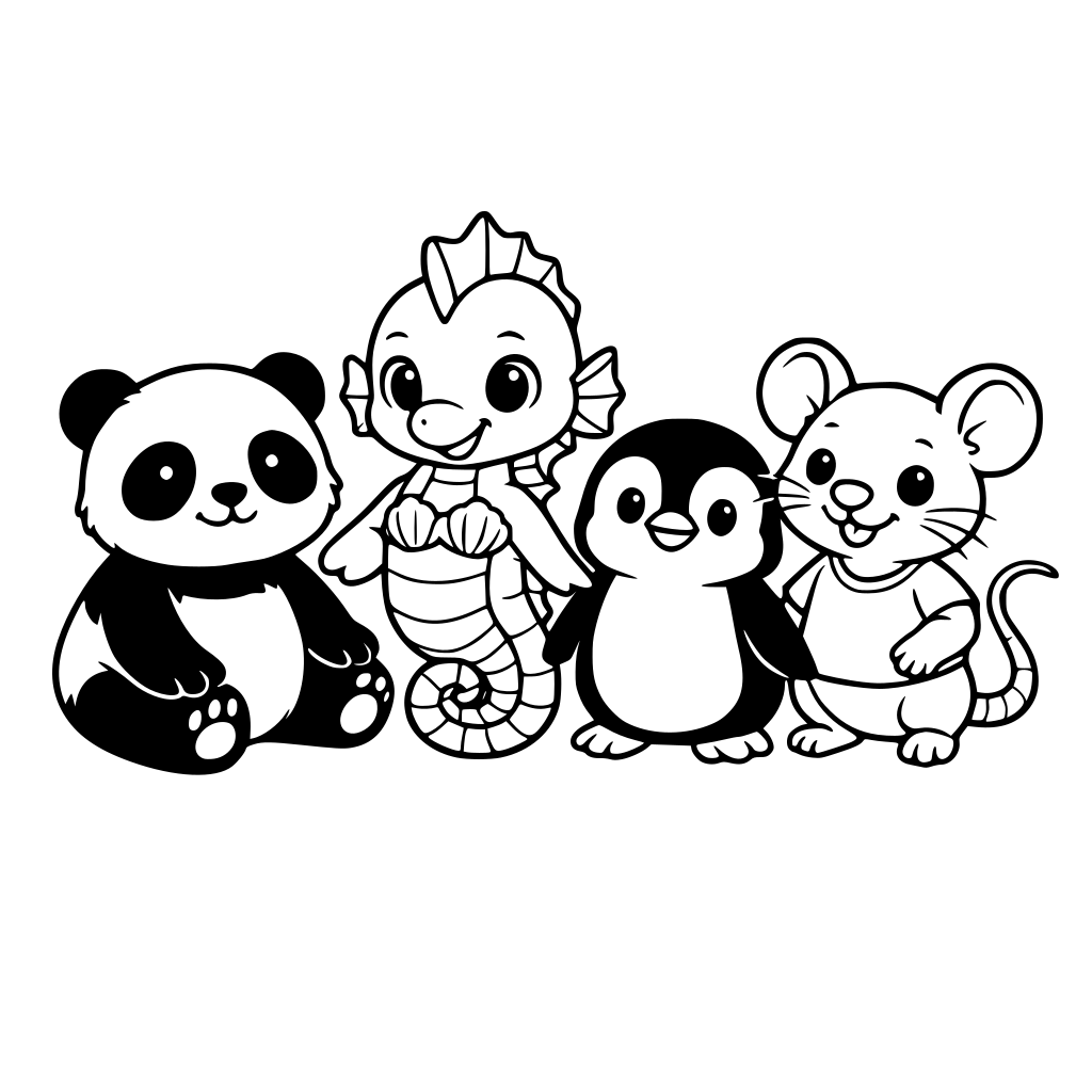 Cute panda bear, humanoid seahorse, penguin and rat in the same cute artstylr