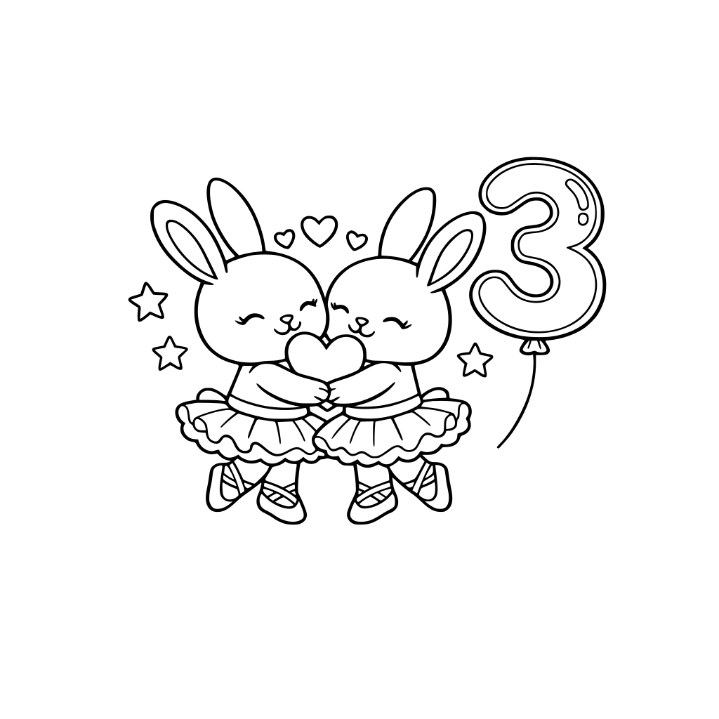 Two bunny ballerinas hugging with a heart between them, large number 3 balloon in the corner