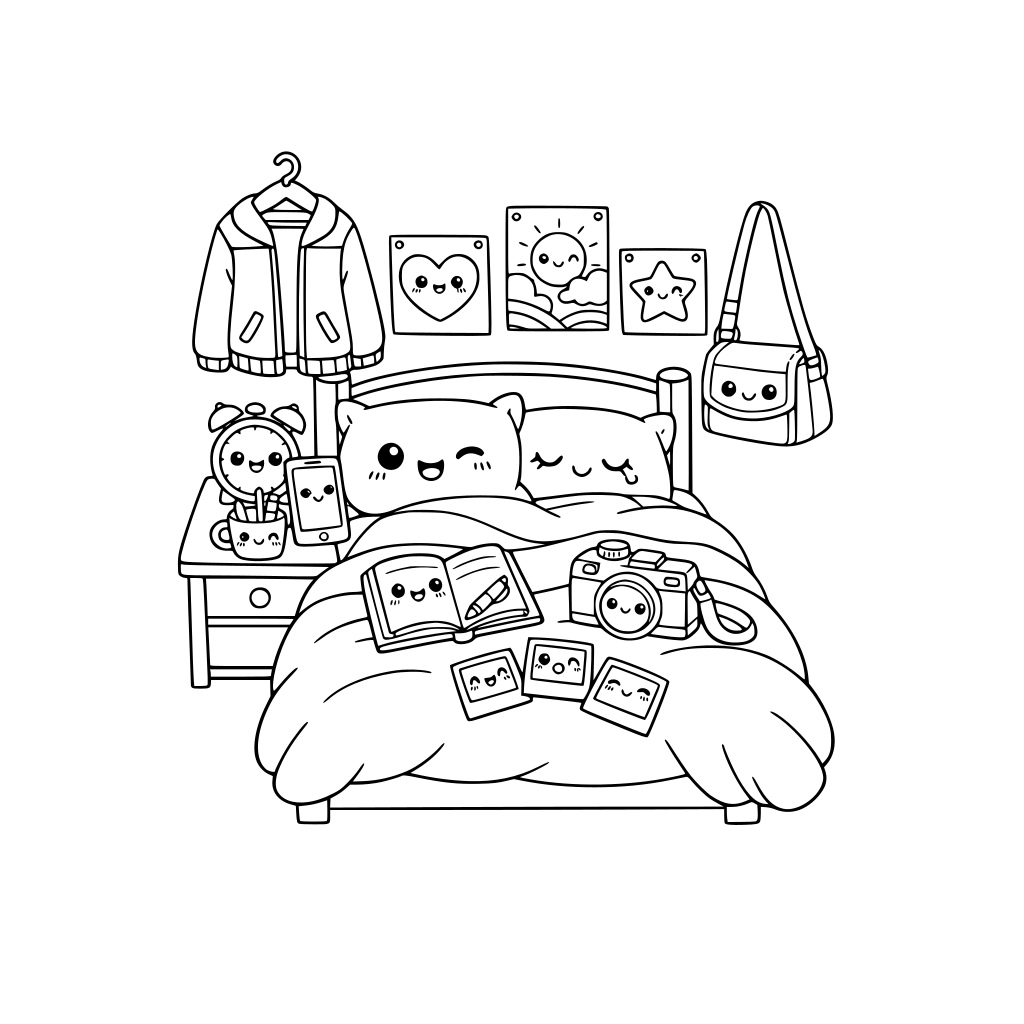 cute kawaii bedroom with bed, bedside table, smartphone, journal, camera, polaroids and posters on wall, a jacket, a bag. no animals. a few items with kawaii faces. do not repeat facial expressions.