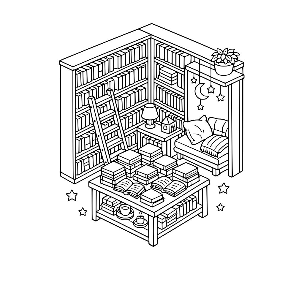 hygge style, cute and cozy, 3d isometric, bookstore aisle corner with tall shelves, ladder leaned against shelf, neatly stacked books on display table,