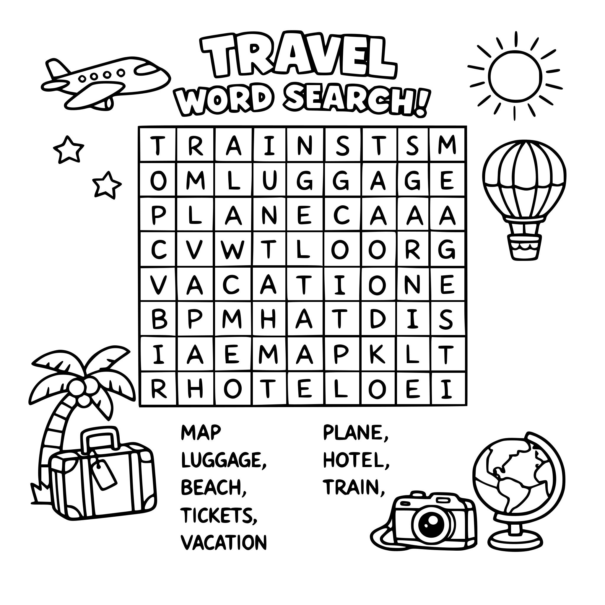 kids word search puzzle page with travel theme words, simple black and white printable puzzle
