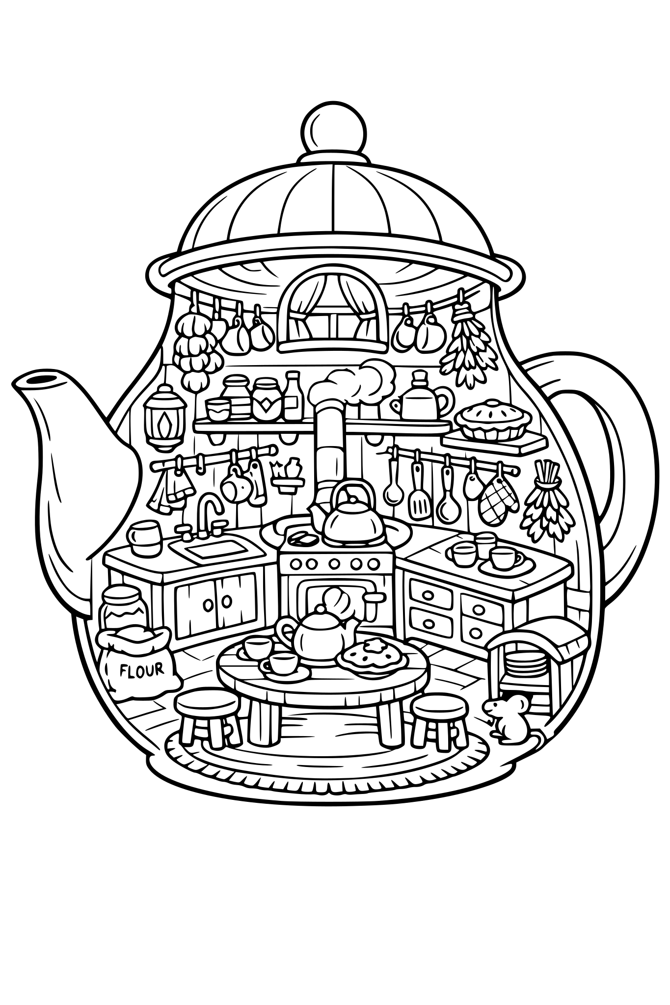 a whimsical kitchen inside of a teapot