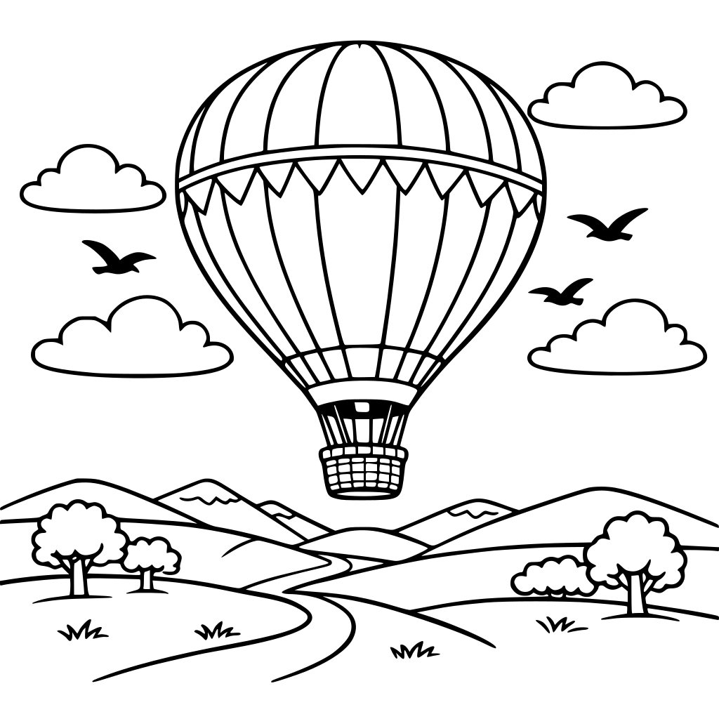 a big hot air balloon floating above rolling hills, birds, and clouds.