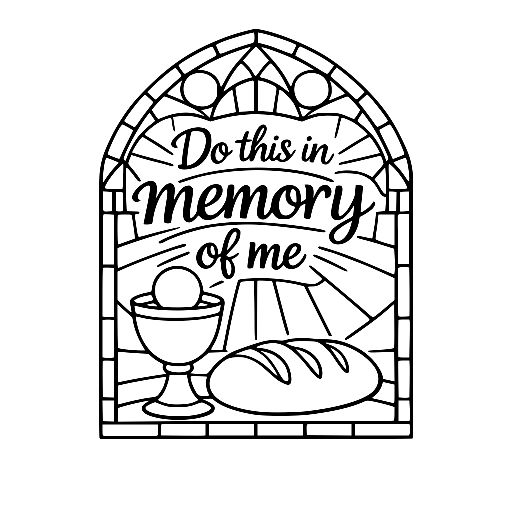 word art with a stained glass window behind it that says "Do this in memory of me". There should be a symbol of bread and wine on there.