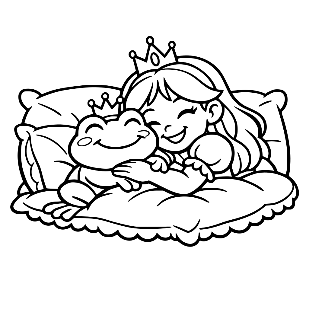 Frosch kuschelt auf Kissen mit Prinzessin, fröhlich, dicke Linien