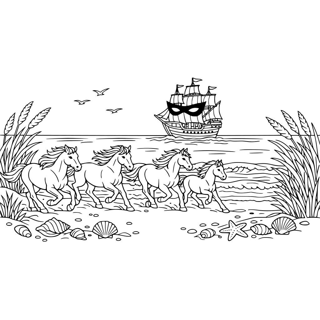 horses are running wide at the oceanside. There is a masked ship in the distance of the ocean. The beach grass is high in places and there are sea shells along the beach shore