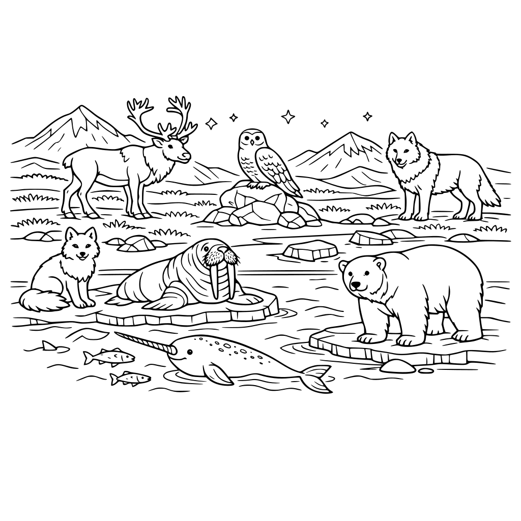 An artic scene with the habitat details of the tundra and arctic sea with animals: caribou, walrus, narwhal, snow owl, arctic wolf, arctic fox, polar bear.